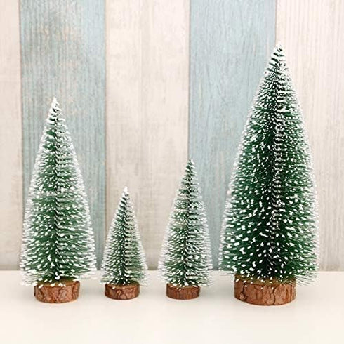 Tiny Christmas Trees, 4pcs Mini Artificial Xmas Sisal Snow Frost Tabletop Trees, Green Bottle Brush Trees with Wood Base, for Christmas Décor...