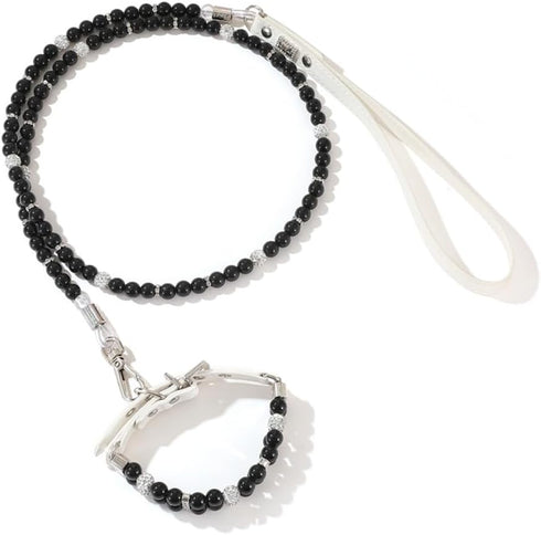 Dogs Kingdom Dog Cat Pearls Diamond Collar Leash Set Bling Rhinestones Necklace Set for Small Dog Cat Puppy Adjustable Pet Accessory,Black and Whi...