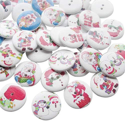 Chenkou Craft 50pcs Santa Claus Jinglebell Deer Merry Christmas Wood Buttons 1" (25mm) Sewing Mix Lots...