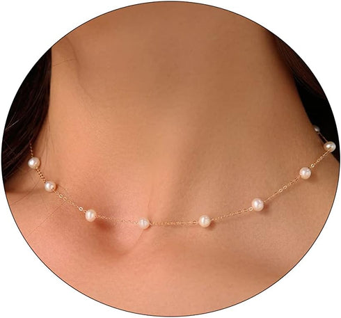 Dainty Pearl Choker Necklace Adjustable Gold Barque Pearl Beaded Chain Necklace for Women Simple Gold Pearl Pendant Necklace Bridesmaid Wedding Je...