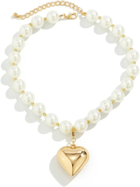 Y2k Love Heart Pendant Necklaces For Women Girls Chunky Imitation Pearl Beads Choker Necklaces Boho Fashion Jewelry Gift...