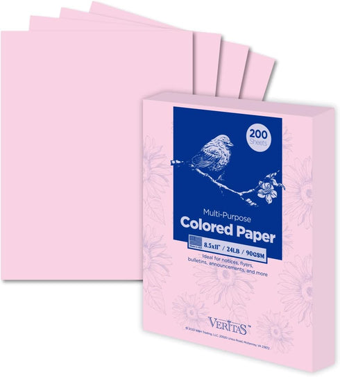 Veritas Color Copy Paper,Multi-Purpose paper,Colored Printer Paper 8.5” x 11”, 24 lb / 90 GSM,Pink,200 Sheets (1 Reams)?Made in USA...
