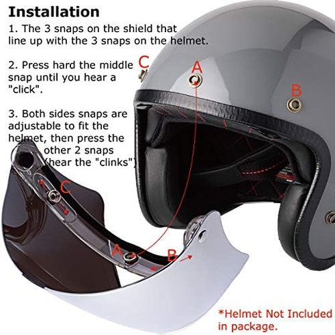 Flip Shield Visor for 3-Snap Motorcycle Half Open Face Helmets (Chrome Mirror)...