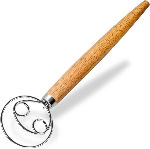 Danish Dough Whisk Wooden Bread Whisk with Stainless Steel Dough Hook - Traditional Dutch Whisk - Dough Mixer Hand Tool & Sourdough Bread Making T...