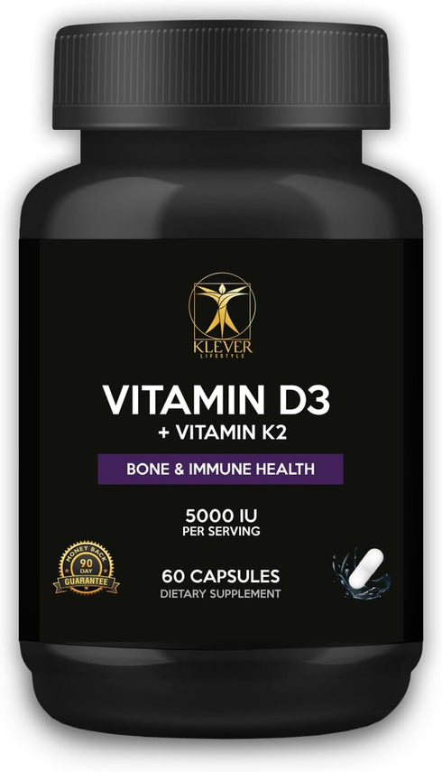 Klever Lifestyle Vitamin D3 & K2 - Supplement for Bone, Joint & Immune Health, Mood Support, Antioxidant, Strong Bones - 60 capsules - 5000 UI per...