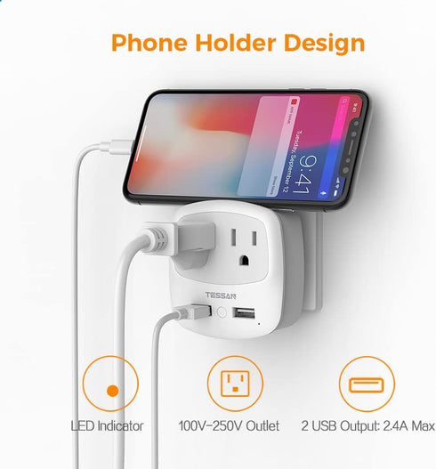 TESSAN New Zealand Australia Plug Adapter, Type I Travel Adaptor with 2 USB Ports 2 American Outlets, US to Australian AU Fiji Argentina China Cha...