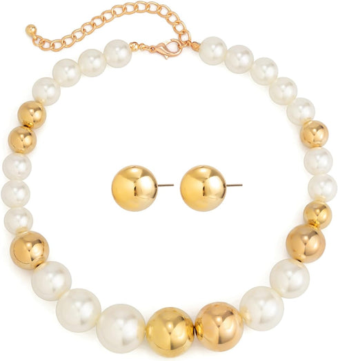 HIIXHC Boho Round Pearl Jewelry Set Chunky Geometric bead Necklace Set for Women Girls...