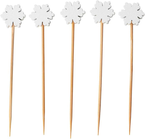 Restaurantware 3.5 Inch Snowflake Cocktail Picks, 100 Sturdy Food Picks - Sharp Point, Disposable, White Bamboo Decorative Picks, Use At Holiday P...