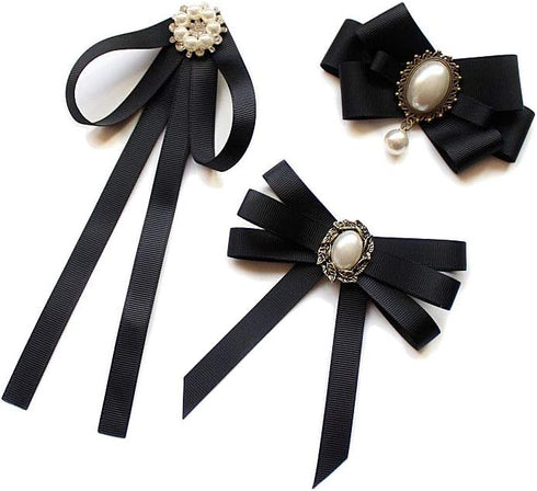 Black Bow Brooches Pin For Woman Girls Pre-Tied Collar Neck Clips Bow Tie JW59...