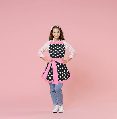 Violet Mist Vintage Apron for Women, Pink Polka Dot Retro Stylish Apron with Pockets, Adjustable Neck Strap...