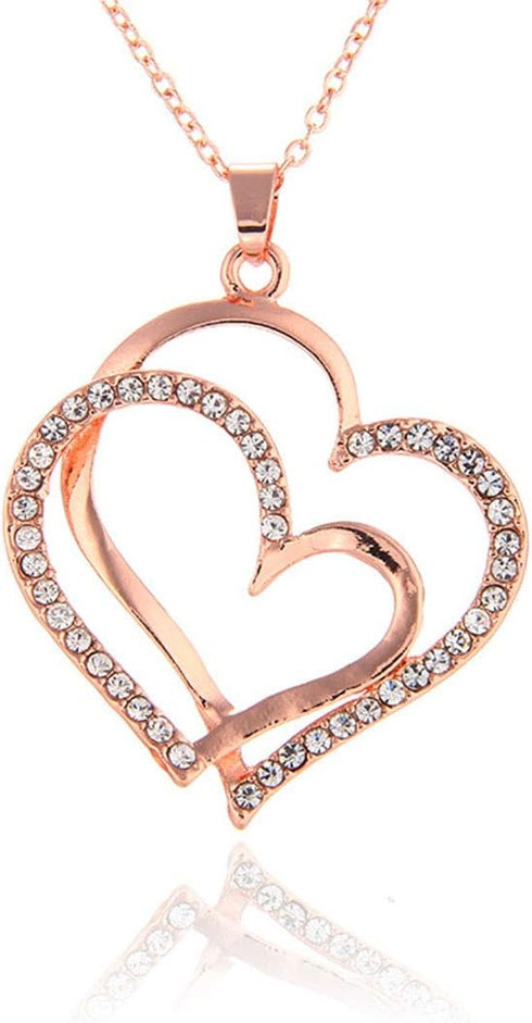 14K Rose Gold Silver Double Heart Shaped Necklace Shiny Crystal Stud Earrings Wedding Jewelry Set Best Gifts...
