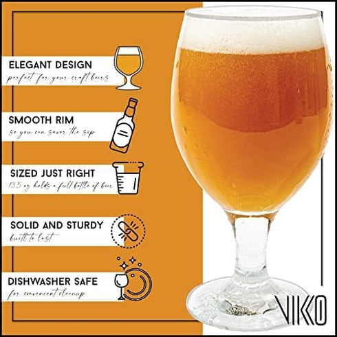 Vikko Beer Glass, Set of 6 Belgian Style Beer Glasses, Large Size 13.5 Ounce, Dishwasher Safe Durable Drinking Glass for Craft Brews, Beer or Wate...