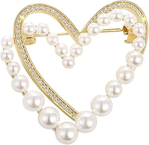 Classic Crystal Pearl Heart Brooch Pin Trendy Clothing Dress T-shirt Heart Scarf Brooch Double Heart Scarf Brooch Pin for Women Wedding Brooch...
