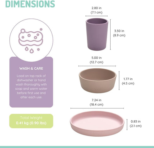 melii Non-Suction Silicone Plate, Bowl and Cup Set for Toddlers, Kids and Children (Purple, Grey, Pink)...
