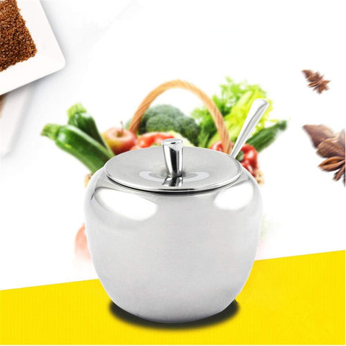 Stainless Steel Apple Sugar Bowl Seasoning Jar Condiment Pot Spice Container Canister Cruet with Lid and Spoon...