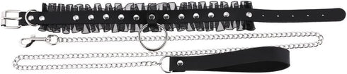 Multicolor PU Simulated Leather Silvert-Tone Rivets O Ring Lace Collar Choker Necklace with Detachable Chain Leash...