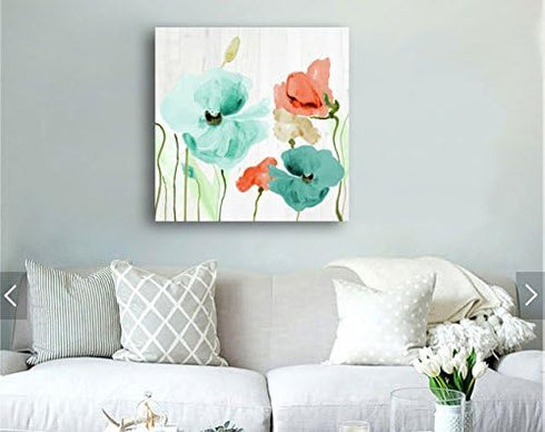 Genius Decor - Teal and Coral Flowers Floral Canvas Wall Art Decor (Teal Coral, 16x16inch)...