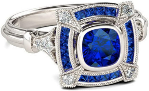 HUKQBUNX 925 Sterling Silver Aquamarine Topaz Mossan Stone Women's Fashion Zircon Sapphire Hollow Out Classic Ring Wedding Engagement Ring Size 6-...