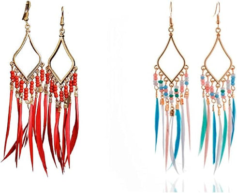 2/6 Pairs Bohemian Earrings Set Feather Tassel Gold Ethnic Retro Boho Dangle Earring Bead Jewelry Birthday Party Gifts for Women Teen Girls...