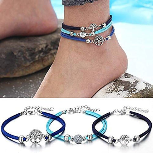 LAIMIO 4 Pcs Anklets Bracelet-Women Anklet Boho Beads Antique Silver Life Tree Anklets Foot Chain Beach Jewelry...