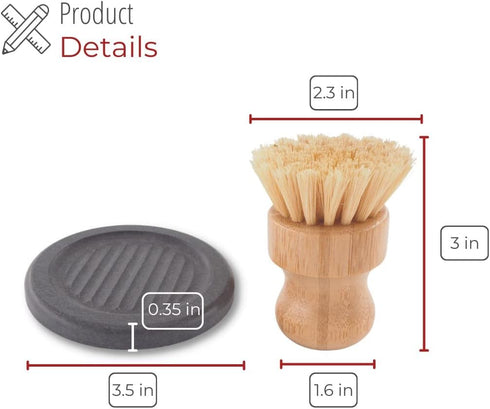 Palm Brush with Diatomaceous Dish - Superior Wooden Design and Strong Bristles with Eco-Friendly Dish - Cleans and Scrubs Dishes, Pots, Pans, Vege...