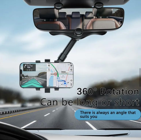Phone Mount for Rear View Mirror, Hands Free, Compatible Apple + Samsung, 360 Degree, Rotatable and Retractable...