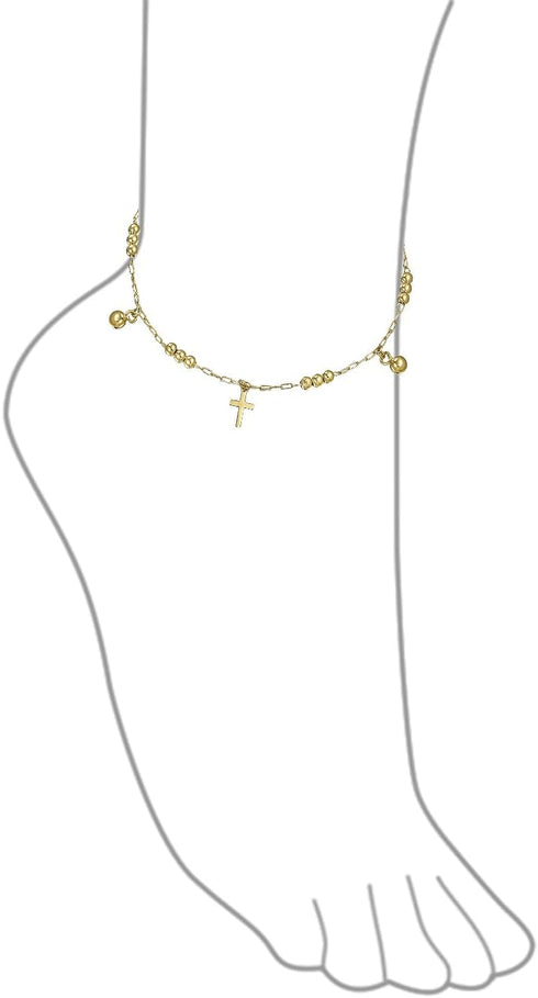 Christian Religious Spiritual Beads Bells Dangle Charm Multi Cross Anklet Ankle Bracelet For Women Teens 18K Gold Plated Brass 7.5, 10 Inch...