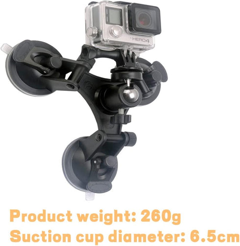 Triple Suction Cup Mount Holder Action Camera Car Windshield Mount with 1/4 Threaded Head 360 Degree Tripod Ball Head Mount & Screw for Gopro, DJI...