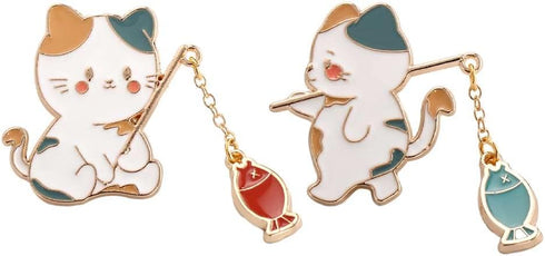 2PCS Cute Cat Fishing Brooch Pin,Cartoon Animal Brooch Metal Cat Brooch Pins Kawaii Animal Badge Pin for Women Men...