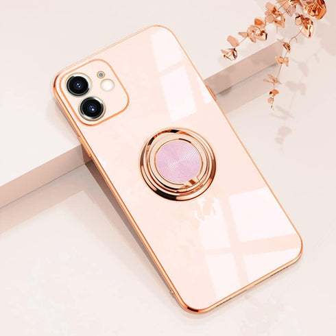 Omorro for Pink iPhone 11 Case for Women Ring Holder, Built-in 360 TPU Rotation Kickstand Rings Cases with Stand Glitter Plating Rose Gold Edge Wo...
