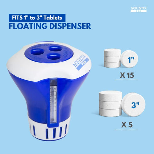 Aquatix Pro Pool Chlorine Floater Dispenser with Thermometer for 1 to 3 inch Tablets, Large & Durable Floating Dispenser for Spa, Hot Tub, In-grou...