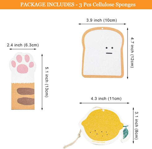 Biodegradable Cellulose Compressed Sponges, Bread Cat Paw Lemon Kitchen Wood Pulp Cleaning Sponges, Cute Natural Non-Scratch Scrub Sponges - 3 Pac...