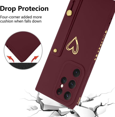 Fiyart Designed for Samsung Galaxy S24 Ultra Case with Phone Stand Holder Cute Love Hearts Protective Camera Protection Cover with Wrist Strap for...