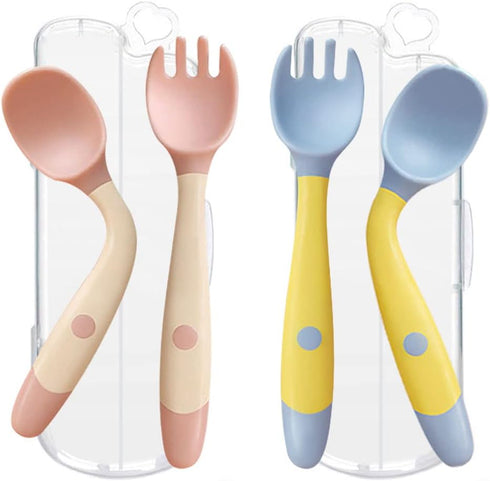 Toddler Utensils with Travel Case, Baby Spoon and Fork Set for Self-Feeding Learning Bendable Handle Silverware for Kid Children (2 Set, Pink&Yell...