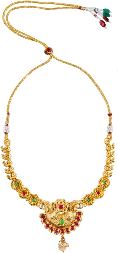Gold Plated Traditional Indian Kundan,CZ, Pearl Studded Adjustable Dori Necklace with Matching Earrings Jewellery/Jewelry Set for Women (SJN_210)...