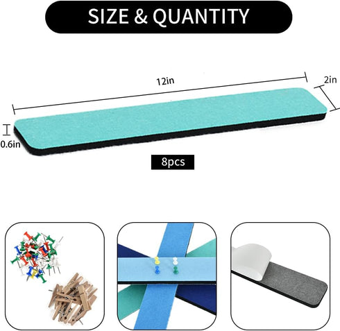 8Pcs Sea Blue Cork Board Bar Strips with 50 Pushpins & 10 Wooden Clip Pushpins, Self-Adhesive Bulletin Board Strips for Wall, Felt Pin Board for S...