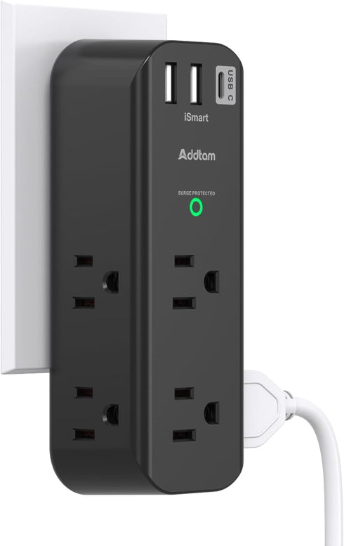 Surge Protector Outlet Extender - with Rotating Plug, 6 AC Multi Plug Outlet with 3 USB Ports, 1800J Wall Charger, 3-Sided Power Strip with Spaced...