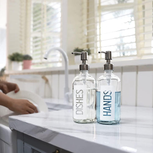 JASAI 2Pack 18OZ Glass Soap Dispenser with Rustproof 304 Stainless Steel Pump, Kitchen Soap Dispenser with Hands & Dishes Label, Refillable Dish S...