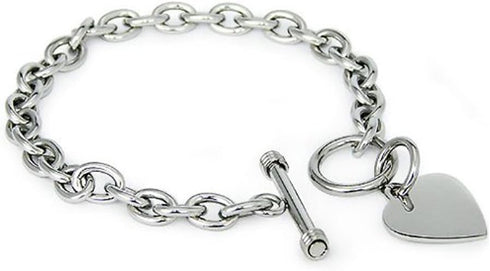 Stainless Steel Trendy Cable Chain Bracelet with Heart Charm and Toggle Clasp Closure, High Polished Finished, 7.5"...