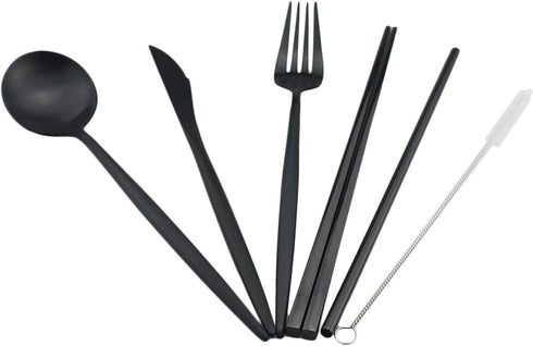 Gugrida Luxury Black Matte Portable 18/10 Stainless Steel Travel Flatware Sets of 7 Portable Camping Cutlery Set, Healthy & Eco-Friendly Flatware ...