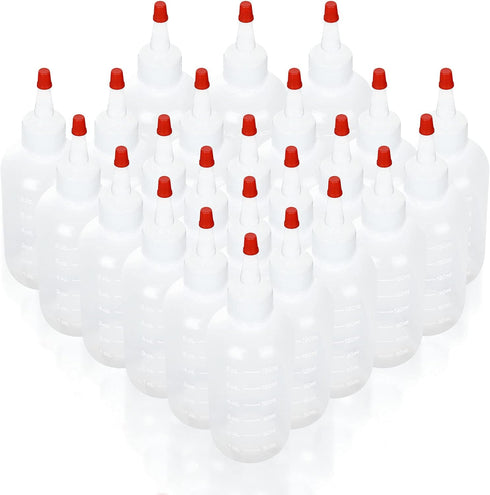 24 Pack 6oz Plastic Squeeze Bottles with Red Tip Caps and Measurement, Leak Proof Refillable Plastic Squeeze Condiment Bottles Container for BBQ, ...
