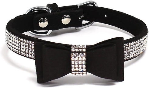 Dazzling Rhinestone Dog Collar with Soft Fabric and Crystal Bow Tie - Elegant and Glamorous Puppy Collars for Small Dogs with Leash in Black XXS...
