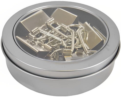 Efficient Office Organization with 12-Piece Silver Tone Binder Clips Set: 1-Inch Metal Clips in a Stylish Magnetic Round Tin Box with See-Thru Cov...