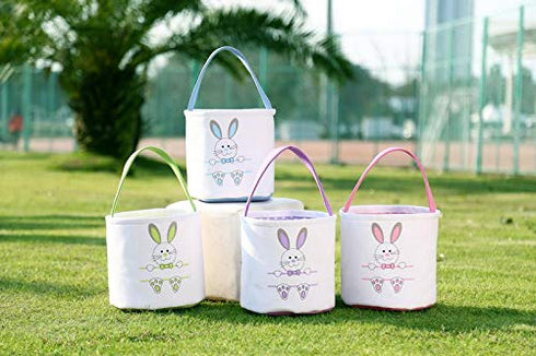 Easter Bunny Basket Egg Bags for Kids,Canvas Cotton Personalized Candy Egg Basket Rabbit Print Buckets with Fluffy Tail Gifts Bags for Easter……...