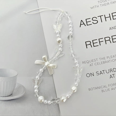White Mobile Phone Lanyard Universal Phone Chain Black Bow White Pearl Beaded Phone Lanyard Wrist Strap Anti Lost Phone Charm Strap Fashion Phone ...