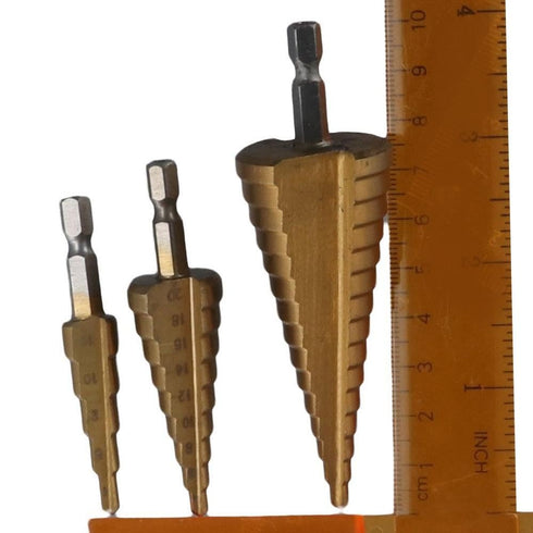 Drilling Power Tools 3pcs High Speed Steel Well-Organized Bag 1/4" Hex Shank Pagoda Drill Bit DIY Lovers Gold Hole Opener Wood and Metal...