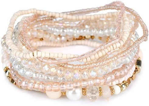 COLORFUL BLING Bohemian Crystal Beaded Bracelets Set for Women Handmade Multicolor Seed Beaded Stackable Strand Bracelets Multilayer Stretch Bangl...