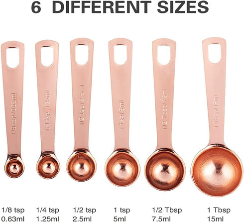 Copper Plated Stainless Steel Measuring Spoons Set, 6 Piece - 1/8 tsp & 1 tbsp, Fits Spice Jars...