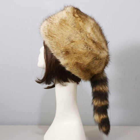 Faux Raccoon Tail Hat Novelty Winter Warm Fur Cossak Russian Style Skull Cap Brown...