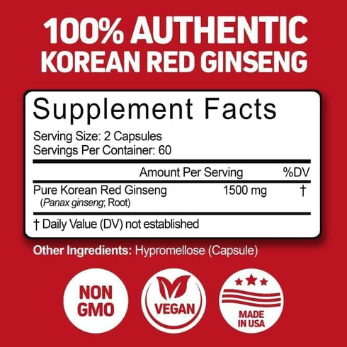 Herbtonics Korean Red Panax Ginseng 1500mg - Energy Supplement for Peak Performance, Focus & Vitality - High Potency Ginseng Root Extract - 120 Ve...